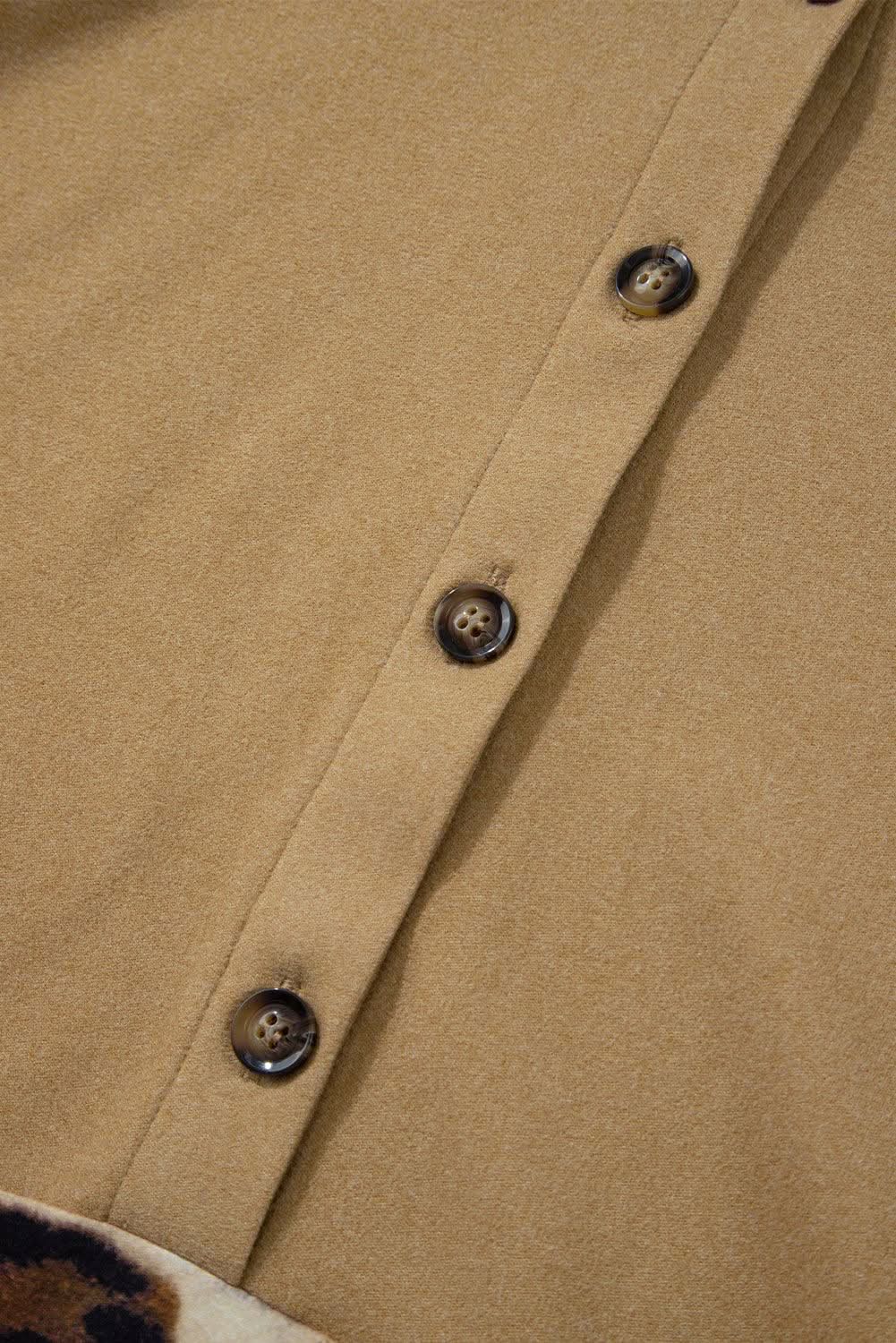 Light French Beige Leopard Print Patchwork Raglan Sleeve Half Buttons Hoodie - Love Salve